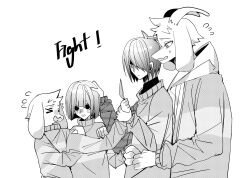  1other 2boys 2others absurdres adoptive_siblings asriel_dreemurr chara_(undertale) chinese_commentary commentary_request deltarune english_text goat_boy greyscale hair_between_eyes highres hikokisleep247 holding holding_another's_arm holding_another's_waist holding_knife hood hoodie knife kris_(deltarune) monochrome multiple_boys multiple_others short_hair siblings simple_background striped_clothes striped_sweater sweater undertale utdr_(toby_fox) white_background 