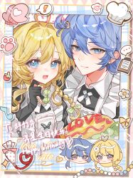 ! ... 1boy 1girl :d absurdres ahoge apron black_dress black_gloves blonde_hair blue_eyes blue_hair blush bow braid chibi clipboard closed_mouth collared_dress double-parted_bangs dress gloves green_bow hair_between_eyes hair_bow hair_intakes happy_birthday heart heart_ahoge highres long_hair looking_at_viewer open_mouth original pastry_bag short_hair single_braid smile spoken_ellipsis spoken_exclamation_mark upper_body white_apron yokibye 