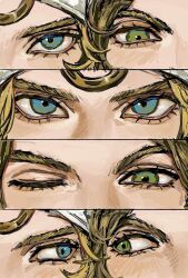  2boys absurdres blonde_hair blue_eyes blush close-up column_lineup commentary_request eye_focus green_eyes gyro_zeppeli hat heads_together highres horseshoe_hat_ornament horseshoe_ornament johnny_joestar jojo_no_kimyou_na_bouken looking_at_another looking_at_viewer male_focus multiple_boys note_(lish_416) one_eye_closed steel_ball_run white_hat 