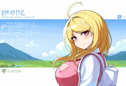  1girl ahoge akamatsu_kaede bag blonde_hair breasts clouds cloudy_sky collared_shirt danganronpa_(series) danganronpa_v3:_killing_harmony field hair_ornament highres large_breasts light_blush long_hair long_sleeves looking_at_viewer mountainous_horizon musical_note musical_note_hair_ornament pink_eyes pink_hair pink_sweater_vest sheet_music shirt sky smile solo soshu_(soshuscribbles) sweater_vest tree white_bag white_shirt 