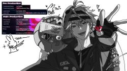  1boy bag black_jacket black_shirt blonde_hair candy chibi commentary_request english_text fang fingerless_gloves food gloves grey_eyes greyscale grin hair_between_eyes headband heart highres jacket jwak korean_commentary large_pectorals lollipop male_focus mask messy_hair monochrome open_clothes pectoral_cleavage pectorals rabbit reaching reaching_towards_viewer shiguang_dailiren shirt short_hair simple_background smile trick_or_treat upper_body white_background 