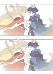  2girls animal_ears blonde_hair blue_hoodie cho_kaguya-hime! closed_eyes closed_mouth commentary_request floating_hair forehead-to-forehead fox_ears fox_girl fox_shadow_puppet fox_shadow_puppet_kiss fox_tail green_eyes heads_together highres hood hoodie japanese_clothes kaguya_(cho_kaguya-hime!) karin_(makaron) kimono long_hair multiple_girls obi open_mouth purple_hair rabbit_ears red_kimono sakayori_iroha sash short_hair simple_background smile tail white_background yuri 