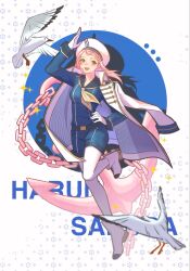  1girl alternate_costume anchor bird birthday black_sailor_collar blue_background blue_romper boots border breasts chain character_name coat coat_on_shoulders full_body gloves gold_trim green_eyes hand_on_own_hip happy_birthday haruno_sakura hat highres long_hair medium_breasts naruto_(series) neckerchief open_mouth otz55 pink_hair romper sailor sailor_collar sailor_hat salute seagull smile white_bird white_boots white_border white_coat white_gloves yellow_neckerchief 