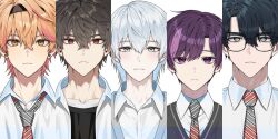  5boys black_hair black_shirt blonde_hair blue_cardigan blue_eyes blue_hair cardigan earrings expressionless glasses green_eyes grey_vest hair_between_eyes hairband iro_cloud jewelry jwak koyo_tempest large_pectorals looking_at_viewer male_focus messy_hair multicolored_hair multiple_boys necktie nino_sunday orange_eyes oto_rainy pectoral_cleavage pectorals pink_hair portrait purple_hair red_eyes robo_frostor school_uniform shirt short_hair simple_background skoshism smile striped_clothes striped_necktie vest violet_eyes virtual_youtuber white_background white_shirt 