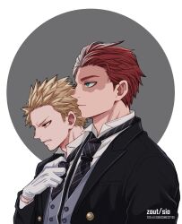  2boys adjusting_clothes adjusting_necktie arm_up bakugou_katsuki black_jacket black_necktie blue_eyes boku_no_hero_academia burn_scar butler clenched_teeth closed_mouth collared_shirt commentary english_commentary formal_clothes from_side gloves grey_vest hair_slicked_back highres jacket lapels looking_down male_focus multiple_boys necktie profile red_eyes salt_-_siomsb scar scar_across_eye scar_on_face shirt short_sideburns sideburns spiky_hair suit_jacket teeth todoroki_shoto upper_body vest white_background white_gloves white_shirt wing_collar 