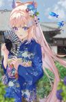  1girl absurdres animal_print architecture bangs blue_eyes blue_kimono blue_sky blurry blurry_foreground blush bow-shaped_hair commission drop_earrings earrings east_asian_architecture fish fish_print folding_fan furisode genshin_impact gradient_hair hair_ornament hand_fan highres holding holding_fan isuzu_(an_icy_cat) japanese_clothes jewelry kimono light_blue_hair long_hair looking_at_viewer multicolored_hair obi open_mouth pink_hair ponytail purple_hair sangonomiya_kokomi sash seashell_print shell shell_earrings skeb_commission sky smile solo starfish_print thick_eyebrows violet_eyes wide_sleeves 