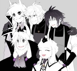  1girl 4boys :d ^_^ absurdres adoptive_parent_and_adoptive_child alternate_universe antenna_hair apron ascot asgore_dreemurr asriel_dreemurr beard black_cloak black_eyes black_gloves black_hood black_sweater black_tiara black_trim bright_pupils brothers chara_(undertale) chinese_commentary cloak closed_eyes coat colored_skin commentary_request elbow_gloves facial_hair facing_ahead fangs father_and_child father_and_son film_grain fingerless_gloves flipped_hair frisk_(undertale) furry furry_female furry_male gloves goat_boy goat_girl gold_necklace grey_apron grey_background grey_gloves hair_tie hanbaobaobaozhu hand_on_another's_shoulder heart heart_necklace highres hood hood_down hooded_coat horns jewelry looking_ahead low_ponytail lower_teeth_only mother_and_child mother_and_son multiple_boys necklace open_clothes open_coat open_mouth parent_and_child ponytail purple_ascot purple_hair scar scar_across_eye scar_on_face short_hair siblings sidelocks simple_background skin_fangs smile sweater tareme teeth thick_eyebrows three-quarter_sleeves tiara tongue toriel turtleneck turtleneck_sweater undertale upper_body utdr_(toby_fox) v-shaped_eyebrows white_beard white_cloak white_coat white_fur white_hair white_pupils white_skin xtale 