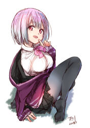  1girl black_skirt bow bowtie breasts collared_shirt commentary dated finger_to_cheek full_body grey_pantyhose gridman_universe hand_up highres index_finger_raised jacket large_breasts long_sleeves looking_at_viewer nakashima_tai open_mouth pantyhose partially_unzipped pleated_skirt purple_bow purple_bowtie purple_hair purple_jacket red_eyes school_uniform shinjou_akane shirt shoes short_hair signature sitting skirt sleeves_past_wrists smile solo ssss.gridman wariza white_background white_shirt 