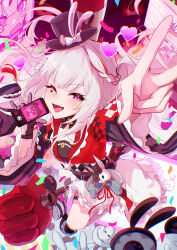  1girl absurdres arm_up black_gloves black_hat braid commentary_request diamond_(shape) diamond_facial_mark facial_mark gloves hat heart heart_facial_mark highres honkai:_star_rail honkai_(series) izanaware_game long_hair long_sleeves looking_at_viewer mark_under_both_eyes mini_hat mini_top_hat multicolored_hair one_eye_closed open_mouth red_hair short_hair single_glove skirt sparkle_(honkai:_star_rail) sparxie_(honkai:_star_rail) streaked_hair thigh_strap top_hat twintails v very_long_hair white_hair white_skirt 