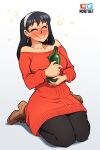  1girl alcohol bangs bare_shoulders black_hair blush boots bottle breasts closed_eyes dress drunk earrings hair_ornament hairband highres holding jewelry kneeling large_breasts long_hair nortuet pantyhose red_sweater sitting smile solo spy_x_family sweater sweater_dress yor_briar 