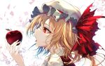  1girl abstract_background apple ascot bangs blonde_hair commentary_request eyelashes fang fingernails flandre_day flandre_scarlet food from_side fruit hat highres holding holding_food holding_fruit mob_cap one_side_up open_mouth red_eyes revision simple_background solo touhou white_background white_headwear wing_collar yamanakaume yellow_ascot 