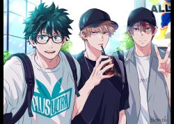  3boys all_might arm_up backpack bag bakugou_katsuki baseball_cap bespectacled black-framed_eyewear black_bag black_hat black_shirt blonde_hair blue_eyes boku_no_hero_academia brown_eyes burn_scar collared_shirt commentary_request crew_neck cup drinking_straw freckles glasses green_eyes green_hair grey_shirt hair_between_eyes hat heterochromia highres holding holding_cup jewelry looking_to_the_side male_focus midoriya_izuku multicolored_hair multiple_boys necklace open_clothes open_shirt print_shirt red_eyes red_hair round_teeth salt_-_siomsb sanpaku scar scar_on_face shirt sideways_glance smile split-color_hair t-shirt teeth todoroki_shoto twitter_username upper_body upper_teeth_only v white_hair white_shirt 
