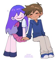  1boy 1girl ^_^ back-to-back bare_arms bare_legs black_shoes black_sweater_vest blue_shoes blue_sweater chromatic_aberration closed_eyes closed_mouth collared_shirt commentary dark-skinned_male dark_skin deformed double-parted_bangs english_commentary flat_chest full_body grey_pants hair_behind_ear hair_between_eyes hero_(faraway)_(omori) hero_(omori) holding_hands instagram_logo instagram_username invisible_chair long_hair looking_at_another mari_(headspace)_(omori) mari_(omori) maromichan miniskirt neckerchief omori pants pink_neckerchief pink_skirt pleated_skirt purple_hair shirt shoes short_hair short_sleeves simple_background sitting skirt smile solid_circle_eyes straight_hair sweater sweater_vest twitter_username twitter_x_logo v-neck very_long_hair very_short_hair violet_eyes white_background white_shirt 