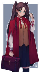  1girl absurdres bag black_skirt black_thighhighs blue_eyes brown_hair brown_vest coat commentary cross cross_print fate/stay_night fate_(series) hair_ribbon highres holding holding_bag homurabara_academy_school_uniform long_hair long_sleeves nureta_kasa print_ribbon red_coat ribbon school_uniform shirt skirt solo thigh-highs tohsaka_rin twirling_hair two_side_up vest white_shirt 