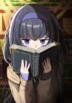  1girl absurdres akirondo bags_under_eyes black_hair blue_archive blue_eyes blush book bookshelf covering_mouth hairband halo highres holding holding_book library long_hair sleeves_past_wrists solo sweater ui_(blue_archive) 