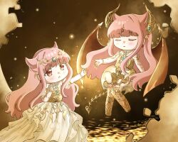  2girls :o armor bare_shoulders bracelet breastplate brown_background brown_eyes bubble_skirt center_opening chibi circlet closed_eyes commentary detached_sleeves dragon_&amp;_dreams_of_gold_(shining_nikki) dragon_girl dragon_horns dragon_tail dragon_wings dress dual_persona earrings english_commentary forehead_jewel gem gold_bracelet gold_circlet gold_necklace gown hair_horns hair_ornament happy highres horns jewelry light_particles long_dress long_hair long_sidelocks looking_at_another medium_dress multiple_girls necklace nikki_(nikki) nikki_(series) nonoberry22 offering_hand_to_another open_mouth pendant pink_hair pleated_dress puffy_short_sleeves puffy_sleeves reaching red_gem shining_nikki shoes short_sleeves sidelocks skeletal_tail skirt sphere_earrings strapless strapless_dress tail very_long_hair water white_dress white_sleeves wing_hair_ornament wings yellow_dress yellow_horns yellow_shoes yellow_theme yellow_wings 