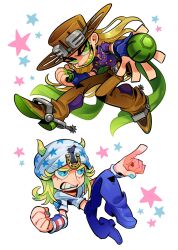  2boys abeiyuuu ball belt blonde_hair blue_eyes blue_gloves blue_jacket blue_nails blue_pants blue_shoes boots brown_boots brown_hair brown_hat brown_pants clenched_hand collared_jacket cowboy_shot cropped_hoodie fingerless_gloves gloves gold_teeth green_eyes green_nails grin gyro_zeppeli hair_horns hat highres holding holding_ball hood hood_down hoodie horseshoe_ornament jacket jitome johnny_joestar jojo_no_kimyou_na_bouken long_hair looking_to_the_side lower_eyelashes_only male_focus midriff multiple_boys nail_polish pants pointing shoes sideways_glance smile spurs star_(symbol) steel_ball_run white_hoodie 