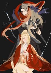  black_hair blonde_hair blue_eyes boruto:_naruto_next_generations commentary_request haori highres holding holding_sword holding_weapon japanese_clothes kimono looking_at_viewer naruto_(series) obi ponytail red_eyes red_kimono red_scarf sai_(naruto) sash sasudei scarf short_hair sitting smile sword weapon wide_sleeves yamanaka_ino yellow_kimono 