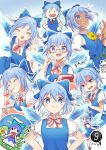  absurdres blue_bow blue_dress blue_eyes blue_hair book bow cirno dress fairy_wings flower frog frozen frozen_frog glasses grass hair_bow highres ice ice_wings izha_(seisfleur) moriya_suwako pinafore_dress red_ribbon ribbon sunflower tan tanned_cirno tongue tongue_out touhou wings 