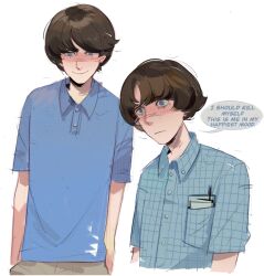  2boys adam_lanza aged_down animification arms_at_sides bare_arms blue_eyes blue_shirt brown_hair brown_pants buttons closed_mouth collared_shirt cowboy_shot cropped_torso dual_persona english_text frown goodfolk2 highres looking_ahead looking_at_viewer lower_eyelashes_only male_focus multiple_boys object_in_pocket pants pen_in_pocket photo-referenced plaid_clothes plaid_shirt pocket polo_shirt real_life shaded_face shirt short_hair short_sleeves simple_background smile speech_bubble standing straight-on swept_bangs true_crime very_short_hair white_background 
