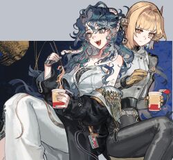  2girls :d :t back-to-back black_coat blonde_hair blue_background blue_hair chopsticks coat cup dress eating fang feet_out_of_frame fork gloves green_eyes grey_background grey_pants hissabeth holding holding_chopsticks holding_cup holding_fork ing_(ing205509) instant_cup_noodles instant_noodles invisible_chair long_hair looking_at_food looking_down multiple_girls off_shoulder open_mouth pants pointer_(reverse:1999) reverse:1999 robot_ears sitting smile strapless strapless_dress teeth two-tone_background white_coat white_dress yellow_eyes yellow_gloves 