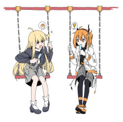  2girls absurdres adachi_rei ahoge black_leggings blonde_hair chicken_(food) cho_kaguya-hime! commentary_request crossover eating food fried_chicken grey_skirt highres holding holding_food holding_popsicle jacket kaguya_(cho_kaguya-hime!) leggings long_hair long_sleeves looking_at_another multiple_girls on_swing one_side_up open_mouth orange_eyes orange_hair pancake pancake_stack popsicle red_eyes shaobing_yakimochi sitting skirt spoken_food swing swing_set utau white_jacket 