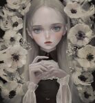  12yun30 1girl blush expressionless flower highres long_hair looking_at_viewer original red_lips solo white_flower 
