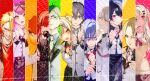 5boys 6+girls ashita_no_tsumibito_to_mujintou_no_kyoushitsu bangs belt bent_over blonde_hair blunt_bangs bow bowtie candy clenched_hands clenched_teeth covered_mouth covering_mouth crossed_bangs cuffs dark_blue_hair eating everyone eyes_visible_through_hair facing_viewer finger_to_own_chin food food-themed_hair_ornament fork green_eyes green_hair grey_eyes grey_hair hair_between_eyes hair_bun hair_ornament hair_over_one_eye handcuffs highres holding holding_fork katariki_kana kayahara lollipop looking_at_viewer multiple_boys multiple_girls necktie novel_illustration official_art open_mouth own_hands_together parted_lips pink_eyes pink_hair plaid plaid_skirt pleated_skirt purple_hair redhead school_uniform sharp_teeth single_hair_bun skirt teeth textless_version violet_eyes yellow_eyes yuji_yuuhi 