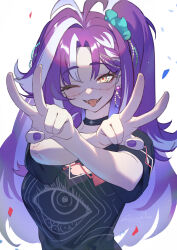  1girl black_choker black_shirt breasts choker crossed_arms double_v earrings eye_print fang highres indie_virtual_youtuber jewelry large_breasts long_hair michi_mochievee multicolored_hair one_eye_closed purple_hair purple_nails raijuu_(bakanara) ringed_eyes shirt skin_fang solo stitched_face stitches streaked_hair tongue tongue_out torn_clothes torn_shirt upper_body v virtual_youtuber white_background white_hair yellow_eyes 