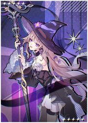  1girl :d bow brown_hair commentary detached_collar detached_sleeves dress flower frills hair_ornament hat herta_(honkai:_star_rail) highres holding holding_staff honkai:_star_rail honkai_(series) jewelry kuroi_taimu layered_clothes long_hair looking_at_viewer necklace pantyhose purple_background purple_nails ribbon smile staff the_herta_(honkai:_star_rail) untranslatable_commentary very_long_hair violet_eyes witch_hat x_hair_ornament 