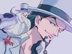  1boy abunaideka animal animal_on_shoulder bird bird_on_shoulder black_hair clothed_animal commentary_request dove facial_hair goatee grey_background hat hattori_(one_piece) long_hair male_focus mature_male necktie one_piece pigeon rob_lucci top_hat white_hat 