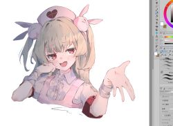  1girl :d apron art_program_in_frame fang hair_ornament hand_on_own_cheek hand_on_own_face hands_up hat heart highres kaminari_kzy long_hair looking_at_viewer natori_sana natori_sana_(nurse) nurse_cap open_mouth pink_apron rabbit_hair_ornament red_eyes sana_channel short_sleeves simple_background smile solo two_side_up upper_body virtual_youtuber white_background 