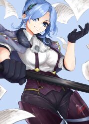 1girl :d absurdres ascot black_gloves black_pants blue_eyes blue_hair blurry blurry_background breasts collared_shirt commentary cowboy_shot dutch_angle eyelashes falling_paper fighting_stance gloves grin hair_bun hanamura_shiki hand_up heaven_burns_red highres holding holding_weapon large_breasts long_sleeves looking_at_viewer masumidashirasu medium_hair music_shop musical_note pants parted_bangs shirt sidelocks simple_background single_hair_bun sleeves_rolled_up smile solo suspender_pants suspenders v-shaped_eyebrows weapon white_ascot white_shirt yellow_eyes 