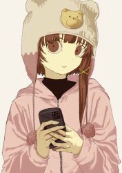  1girl asymmetrical_hair bear_hat brown_eyes brown_hair cellphone hair_between_eyes hair_ornament hasisan3652 hat hat_with_ears highres hood iwakura_lain knit_hat long_sleeves looking_at_viewer parted_lips phone serial_experiments_lain single_sidelock smartphone solo upper_body x_hair_ornament 