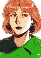  1girl aegyo_sal animification borderline7839 buttons closed_mouth collared_shirt corrupted_twitter_file earrings expressionless eyelashes family_guy green_shirt hair_behind_ear hatching_(texture) highres jewelry lois_griffin mature_female orange_hair polo_shirt portrait red_lips shirt short_hair sidelighting simple_background solo sphere_earrings white_background 