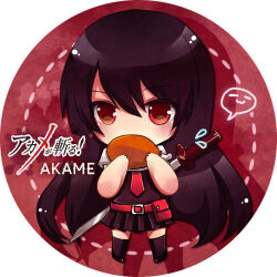  1girl akame_(akame_ga_kill!) akame_ga_kill! belt black_hair black_thighhighs chibi chibi_only chicken_(food) chicken_leg commentary_request copyright_name food full_body hair_between_eyes long_hair mushopea necktie no_nose pleated_skirt red_belt red_eyes red_necktie skirt solo sword sword_on_back thigh-highs very_long_hair weapon weapon_on_back 