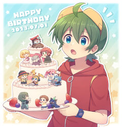  2girls 5boys appmon apron asuka_torajirou birthday birthday_cake blonde_hair blue_eyes blueberry blush brown_hair cake chibi chibi_inset collared_shirt colored_skin cream dated digimon digimon_universe:_appli_monsters dokamon dress english_text extra_arms food fruit gatchmon goggles goggles_on_head goggles_on_headwear green_hair hackmon_(appmon) happy_birthday hat helmet highres holding holding_pastry_bag hood hoodie karan_eri kashiki_ai katsura_hajime katsura_rei lulu_hane magnifying_glass multiple_boys multiple_girls musimon offmon ozora_yujin party_hat pastry_bag pink_hair red_hair red_hoodie ribbon shinkai_haru shirt shorts sleeveless smile strawberry watch watch whipped_cream 