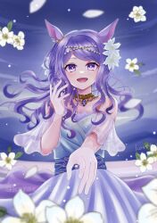  1girl absurdres animal_ears bare_shoulders blush breasts collarbone commentary_request dress flower gem gloves gold_collar halcioneis highres horse_ears horse_girl jewelry long_hair looking_at_viewer mejiro_mcqueen_(heart_exposed_to_the_night_breeze)_(umamusume) mejiro_mcqueen_(umamusume) necklace off-shoulder_dress off_shoulder open_mouth outdoors purple_gem purple_hair sky small_breasts smile solo umamusume violet_eyes white_dress white_gloves 