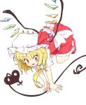  1girl :d back_bow bangs blonde_hair blush bow crystal fang flandre_scarlet floating_hair flying frills from_above full_body hair_between_eyes hat hat_ribbon holding laevatein_(touhou) legs_up long_hair looking_at_viewer looking_to_the_side maguro_(mawaru_sushi) mary_janes midair mob_cap open_mouth outstretched_arms puffy_short_sleeves puffy_sleeves red_eyes red_footwear red_ribbon red_skirt ribbon shoes short_sleeves simple_background skirt skirt_set slit_pupils smile solo touhou upside-down white_background white_bow white_headwear wings 