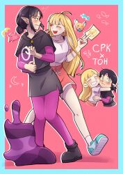 >_< +++ 2girls :t ahoge amity_blight amity_blight_(cosplay) arms_around_neck black_hair black_shoes blonde_hair blue_shoes blush book cheek-to-cheek cho_kaguya-hime! closed_eyes collarbone cosplay english_commentary full_body green_eyes hair_bun hand_on_another's_shoulder heads_together highres holding holding_book holding_paper hug inudoge kaguya_(cho_kaguya-hime!) kitsuneotaku03 leggings long_hair luz_noceda luz_noceda_(cosplay) magic_circle midriff multiple_girls navel one_eye_closed paper pink_leggings pointy_ears red_background red_eyes sakayori_iroha shoes short_hair signature single_hair_bun smile the_owl_house umbrella_octopus yuri 