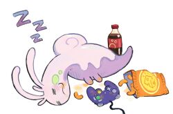  bag_of_chips bottle closed_eyes commentary controller english_commentary food food_on_face food_on_hand full_body game_controller goodra kint_(sheepkinta) lying messy_eater no_humans on_side plastic_bottle pokemon pokemon_(creature) pokemon_focus sleeping smile soda soda_bottle zzz 