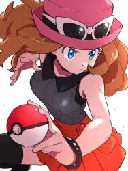  1girl ai-generated black_thighhighs blonde_hair blue_eyes breasts hat highres long_hair mega_ring pink_hat poke_ball pokemon pokemon_xy red_skirt rewin_(nobabys_perfect) serena_(pokemon) shirt skirt sleeveless sleeveless_shirt sunglasses thigh-highs 