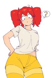  1girl ? arm_at_side birdbrain_(synthesizer_v) black_eyes breasts closed_mouth commentary constricted_pupils cowboy_shot dochi_pi drill_hair english_commentary from_below hair_between_eyes hand_on_own_hip highres kasane_teto kasane_teto_(sv) leggings_under_shorts long_hair looking_at_viewer looking_down medium_breasts midriff_peek motion_lines pursed_lips raised_eyebrows red_hair shirt short_shorts short_sleeves shorts side-tie_shirt simple_background solo speech_bubble spoken_question_mark square_pupils standing striped_leggings synthesizer_v t-shirt twin_drills unfinished white_background white_shirt yellow_leggings yellow_shorts 