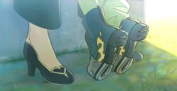  2girls black_boots black_pants black_shoes boots commentary feet footwear_focus fuji_kiseki_(shooting_star_revue)_(umamusume) fuji_kiseki_(umamusume) green_socks height_difference high_heels implied_kiss jungle_pocket_(champion's_battle_cry)_(umamusume) jungle_pocket_(umamusume) m_a_r_o multiple_girls outdoors pants shoes socks steel-toe_boots tiptoes umamusume yuri 