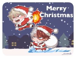  2boys arm_up bakugou_katsuki belt belt_buckle black_belt blonde_hair boku_no_hero_academia border brown_gloves buckle burn_scar christmas coat commentary cryokinesis double-parted_bangs english_commentary explosion fur-trimmed_collar fur-trimmed_jacket fur-trimmed_sleeves fur_trim gloves hair_between_eyes hat heterochromia highres holding holding_sack house ice jacket looking_at_another looking_to_the_side male_focus merry_christmas multiple_boys night open_mouth outdoors pants red_coat red_eyes red_hair red_hat red_pants sack salt_-_siomsb santa_costume santa_hat scar scar_across_eye scar_on_face sideways_glance snow snowing spiky_hair teeth todoroki_shoto tree twitter_username white_border white_fur white_hair 
