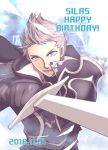  1boy armor fe_knights fire_emblem fire_emblem_fates floating_cape gloves grey_hair holding holding_sword holding_weapon looking_at_viewer open_mouth pointing_weapon shoulder_armor silas_(fire_emblem) sword weapon 