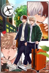  2boys bag bakugou_katsuki black_pants blonde_hair blue_coat blue_eyes boku_no_hero_academia brown_eyes building burger coat commentary_request cup disposable_cup double-parted_bangs drinking_straw drinking_straw_in_mouth eating food green_jacket hair_between_eyes heterochromia highres holding holding_burger holding_cup holding_food jacket lapels looking_at_another looking_to_the_side male_focus multicolored_hair multiple_boys multiple_views notched_lapels open_clothes open_coat open_mouth pants red_hair rolling_suitcase salt_-_siomsb shirt shoes short_hair sideways_glance sneakers spiky_hair split-color_hair suitcase teeth todoroki_shoto tree turtleneck walking white_hair white_shirt white_shoes 