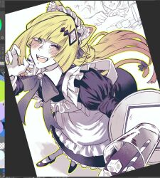  1girl absurdres andrich_galam animal_ears apron black_dress blonde_hair cat_ears cat_girl cat_tail commentary dress english_commentary green_eyes green_nails highres holding holding_plate long_hair lusamine_(pokemon) maid_apron maid_headdress one_eye_closed plate pokemon pokemon_sm smile solo tail unfinished white_apron 