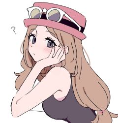  1girl ? arm_rest armpit_crease bare_shoulders black_shirt blush breasts brown_hair close-up closed_mouth commentary_request eyewear_on_headwear grey_eyes hat head_rest kuru_(4rfw7) long_hair looking_at_viewer medium_breasts parted_bangs pink_hat pokemon pokemon_xy serena_(pokemon) shirt simple_background skirt sleeveless sleeveless_shirt solo sunglasses turning_head upper_body white-framed_eyewear white_background 
