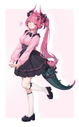  1girl 2bmm2 absurdres arknights arknights:_endfield blue_eyes dragon_girl dragon_horns dragon_tail full_body hair_intakes highres horns jirai_kei long_hair multicolored_hair multicolored_horns pink_horns pointy_ears sidelocks solo standing standing_on_one_leg streaked_hair tail two-tone_horns yvonne_(arknights) 
